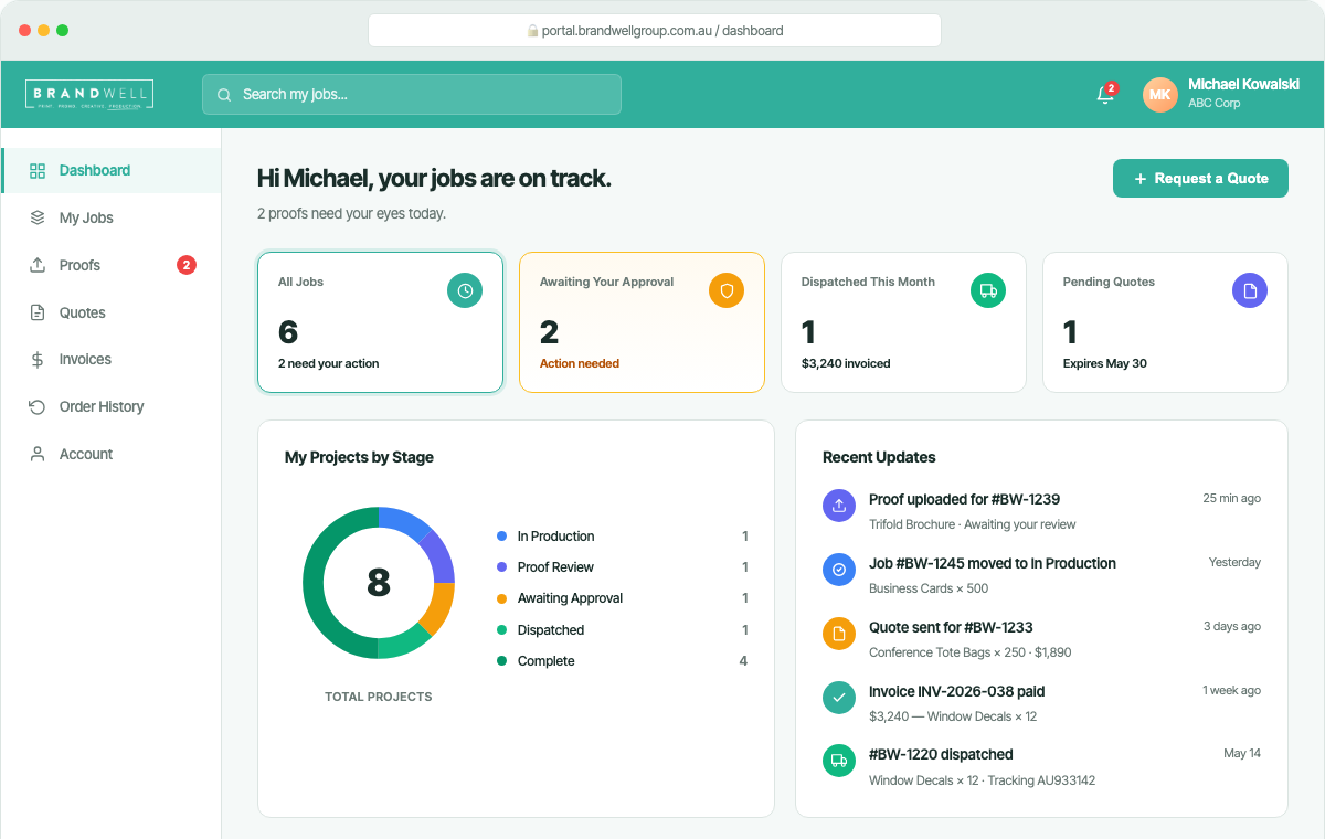 Brandwell client portal — track every job live