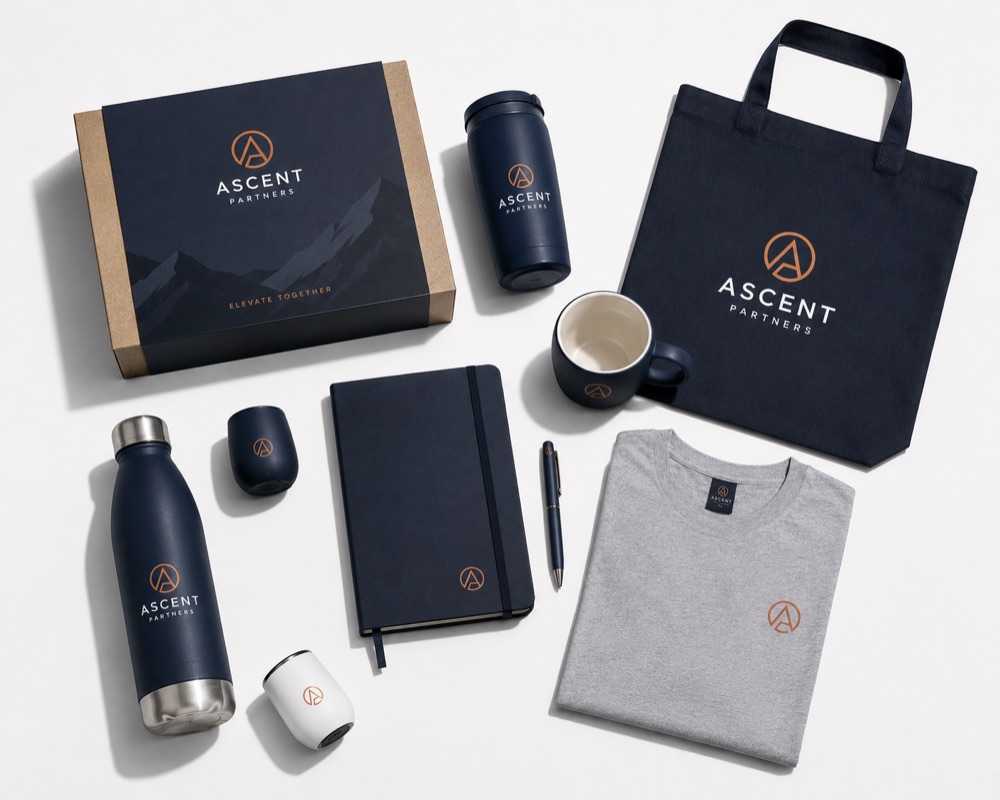 Brandwell branded promotional merchandise: water bottles, mugs, apparel and gift packs